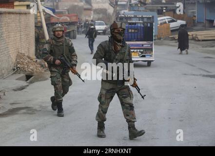 (161217) -- SRINAGAR, Dec. 17, 2016 -- Indian soldiers arrive at the site of a militant attack on their convoy at Pampore town of Pulwama district, about 16 km south of Srinagar, summer capital of Indian-controlled Kashmir, Dec. 17, 2016. At least three soldiers of Indian army were killed Saturday after militants ambushed their convoy in restive Indian-controlled Kashmir, officials said. ) (hy) KASHMIR-SRINAGAR-MILITANT ATTACK JavedxDar PUBLICATIONxNOTxINxCHN   Srinagar DEC 17 2016 Indian Soldiers Arrive AT The Site of a militant Attack ON their Convoy AT Pampore Town of Pulwama District About Stock Photo