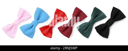 Set with bow ties of different colors isolated on white, top view Stock Photo