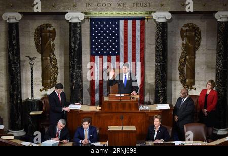 (170103) -- WASHINGTON, Jan. 3, 2017 -- Paul Ryan is sworn in after being re-elected as House Speaker during the opening of the 115th U.S. Congress on Capitol Hill in Washington D.C., the United States, on Jan. 3, 2017. The 115th U.S. Congress convenes on Tuesday with Republican Paul Ryan re-elected as House Speaker as expected while outgoing Vice President Joe Biden presides over the old Senate chamber for the last time. ) U.S.-WASHINGTON D.C.-HOUSE SPEAKER-PAUL RYAN YinxBogu PUBLICATIONxNOTxINxCHN   Washington Jan 3 2017 Paul Ryan IS sworn in After Being right Elected As House Speaker during Stock Photo