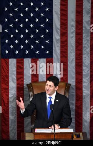 (170103) -- WASHINGTON, Jan. 3, 2017 -- Paul Ryan speaks after being re-elected as House Speaker during the opening of the 115th U.S. Congress on Capitol Hill in Washington D.C., the United States, on Jan. 3, 2017. The 115th U.S. Congress convenes on Tuesday with Republican Paul Ryan re-elected as House Speaker as expected while outgoing Vice President Joe Biden presides over the old Senate chamber for the last time. ) U.S.-WASHINGTON D.C.-115TH U.S. CONGRESS-OPENING YinxBogu PUBLICATIONxNOTxINxCHN   Washington Jan 3 2017 Paul Ryan Speaks After Being right Elected As House Speaker during The O Stock Photo