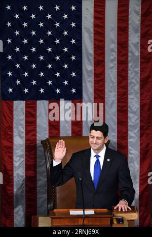 (170103) -- WASHINGTON, Jan. 3, 2017 -- Paul Ryan is sworn in after being re-elected as House Speaker during the opening of the 115th U.S. Congress on Capitol Hill in Washington D.C., the United States, on Jan. 3, 2017. The 115th U.S. Congress convenes on Tuesday with Republican Paul Ryan re-elected as House Speaker as expected while outgoing Vice President Joe Biden presides over the old Senate chamber for the last time. ) U.S.-WASHINGTON D.C.-HOUSE SPEAKER-PAUL RYAN YinxBogu PUBLICATIONxNOTxINxCHN   Washington Jan 3 2017 Paul Ryan IS sworn in After Being right Elected As House Speaker during Stock Photo