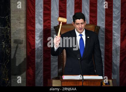 (170103) -- WASHINGTON, Jan. 3, 2017 -- Paul Ryan raises the gavel after being re-elected as House Speaker during the opening of the 115th U.S. Congress on Capitol Hill in Washington D.C., the United States, on Jan. 3, 2017. The 115th U.S. Congress convenes on Tuesday with Republican Paul Ryan re-elected as House Speaker as expected while outgoing Vice President Joe Biden presides over the old Senate chamber for the last time. ) U.S.-WASHINGTON D.C.-HOUSE SPEAKER-PAUL RYAN YinxBogu PUBLICATIONxNOTxINxCHN   Washington Jan 3 2017 Paul Ryan raises The gavel After Being right Elected As House Spea Stock Photo