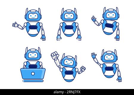 Robot mascot character vector illustration. Robot cartoon pose set design Stock Vector