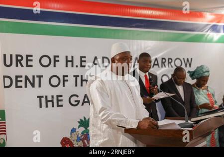 (170119) -- DAKAR, Jan. 19, 2017 -- Adama Barrow (1st L) delivers a speech during the swearing-in ceremony at the Gambian embassy in Dakar, capital of Senegal, on Jan. 19, 2017. Adama Barrow was sworn in as Gambian president on Thursday at the Gambian embassy in Dakar, capital of Senegal. ) SENEGAL-DAKAR-THE GAMBIA-ADAMA BARROW-SWEARING-IN CEREMONY Cisse PUBLICATIONxNOTxINxCHN   Dakar Jan 19 2017 Adama Barrow 1st l delivers a Speech during The Swearingen in Ceremony AT The gambian Embassy in Dakar Capital of Senegal ON Jan 19 2017 Adama Barrow what sworn in As gambian President ON Thursday AT Stock Photo