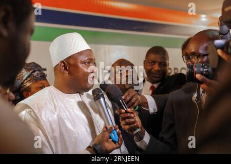 (170119) -- DAKAR, Jan. 19, 2017 -- Adama Barrow speaks to the press at the swear-in ceremony at the Gambian embassy in Dakar, capital of Senegal, on Jan. 19, 2017. Adama Barrow was sworn in as Gambian president on Thursday at the Gambian embassy in Dakar, capital of Senegal. ) SENEGAL-DAKAR-THE GAMBIA-ADAMA BARROW-SWEARING-IN CEREMONY Cisse PUBLICATIONxNOTxINxCHN   Dakar Jan 19 2017 Adama Barrow Speaks to The Press AT The Swear in Ceremony AT The gambian Embassy in Dakar Capital of Senegal ON Jan 19 2017 Adama Barrow what sworn in As gambian President ON Thursday AT The gambian Embassy in Dak Stock Photo