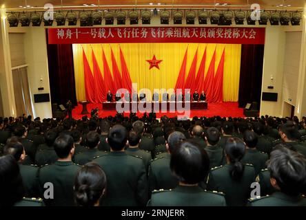 (170120) -- BEIJING, Jan. 20, 2017 -- A ceremony is held to honor the two astronauts of the Shenzhou-11 spaceflight mission for their outstanding contributions to the country s space endeavors in Beijing, capital of China, Jan. 20, 2017. )(mcg) CHINA-BEIJING-SHENZHOU-11 CREW-AWARDING CEREMONY (CN) JuxZhenhua PUBLICATIONxNOTxINxCHN   Beijing Jan 20 2017 a Ceremony IS Hero to HONOR The Two astronauts of The SHENZHOU 11 Spaceflight Mission for their Outstanding contributions to The Country S Space endeavors in Beijing Capital of China Jan 20 2017 McG China Beijing SHENZHOU 11 Crew awarding Ceremo Stock Photo