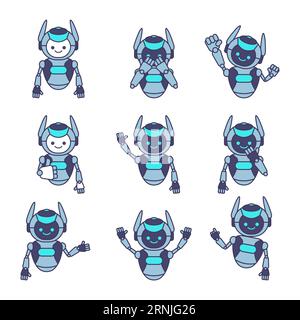 Robot character pose vector illustration. Robot cartoon set illustration Stock Vector