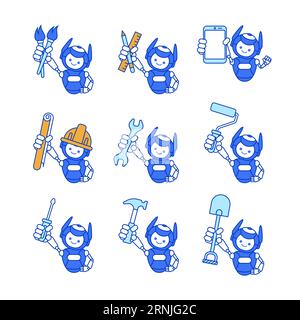 Robot character holding paintbrush, ruler and pencil, phone, blueprint paper, wrench, paint roller, screwdriver, hammer, shovel. Robot mascot vector i Stock Vector