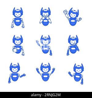 Robot character pose vector illustration. Robot cartoon set illustration Stock Vector