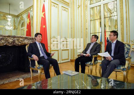 (170125) -- PARIS, Jan. 23, 2017 -- Chinese Ambassador to France Zhai Jun (1st L) receives an interview with Xinhua in Paris, capital of France, Jan. 23, 2017. The Sino-French relationship will not change its main direction in 2017, Chinese Ambassador to France Zhai Jun said, We have reasons to have confidence in the developement of Sino-French relationship. ) (yy) FRANCE-PARIS-SINO-FRANCE RELATIONSHIP-ZHAI JUN-INTERVIEW ChenxYichen PUBLICATIONxNOTxINxCHN   Paris Jan 23 2017 Chinese Ambassador to France Zhai jun 1st l receives to Interview With XINHUA in Paris Capital of France Jan 23 2017 The Stock Photo