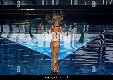 PASAY CITY, Jan. 26, 2017 -- Miss Philippines Maxine Medina showcases her national costume onstage during the 65th Miss Universe national costume show in Pasay City, the Philippines, Jan. 26, 2017. Contestants from various countries and regions are in the Philippines for the 65th Miss Universe pageant. ) (zy) PHILIPPINES-MANILA-MISS UNIVERSE-PRELIMINARY SHOW RouellexUmali PUBLICATIONxNOTxINxCHN   Pasay City Jan 26 2017 Miss Philippines Maxine Medina showcases her National costume onstage during The 65th Miss Universe National costume Show in Pasay City The Philippines Jan 26 2017 Contestants f Stock Photo