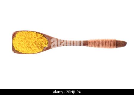 saffron powder in a spoon, top view. condiment isolated on white background Stock Photo