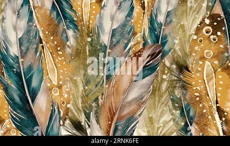 3d floral colorful wallpaper. multicolor paint feathers. wall home decoration Stock Photo