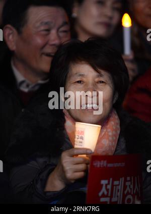 SEOUL,  Demonstrators against South Korea s ousted leader Park Geun-hye attend the last candlelight rally at Gwanghwamun Square in Seoul, South Korea, March 11, 2017. Hundreds of thousands of South Koreans took to the streets on Saturday night for a last, festive candlelight rally to celebrate former President Park Geun-hye s ouster. ) SOUTH KOREA-SEOUL-IMPEACHMENT-RALLY LiuxYun PUBLICATIONxNOTxINxCHN   Seoul demonstrator against South Korea S ousted Leader Park Geun Hye attend The Load Candle Light Rally AT Gwanghwamun Square in Seoul South Korea March 11 2017 hundreds of thousands of South K Stock Photo