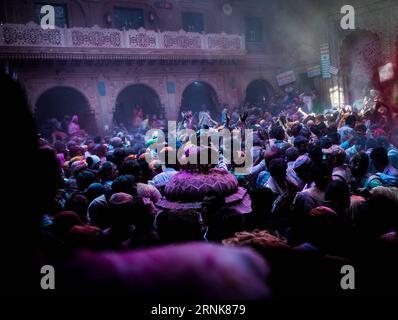 (170312) -- VRINDAVAN, March 12, 2017 -- People celebrate Holi festival at a temple in Vrindavan, Uttar Pradesh, India on March 12, 2017. Holi is a Hindu festival also known as the festival of colors , which signifies the arrival of spring. ) (wtc) INDIA-VRINDAVAN-HOLI-CELEBRATION BixXiaoyang PUBLICATIONxNOTxINxCHN   170312 Vrindavan March 12 2017 Celebrities Celebrate Holi Festival AT a Temple in Vrindavan Uttar Pradesh India ON March 12 2017 Holi IS a Hindu Festival Thus known As The Festival of Colors Which signifies The Arrival of Spring WTC India Vrindavan Holi Celebration BixXiaoyang PUB Stock Photo