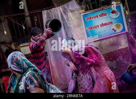 (170312) -- VRINDAVAN, March 12, 2017 -- People celebrate Holi festival in Vrindavan, Uttar Pradesh, India on March 12, 2017. Holi is a Hindu festival also known as the festival of colors , which signifies the arrival of spring. ) (wtc) INDIA-VRINDAVAN-HOLI-CELEBRATION BixXiaoyang PUBLICATIONxNOTxINxCHN   170312 Vrindavan March 12 2017 Celebrities Celebrate Holi Festival in Vrindavan Uttar Pradesh India ON March 12 2017 Holi IS a Hindu Festival Thus known As The Festival of Colors Which signifies The Arrival of Spring WTC India Vrindavan Holi Celebration BixXiaoyang PUBLICATIONxNOTxINxCHN Stock Photo