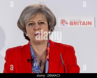 (170317) -- LONDON, March 17, 2017 () -- British Prime Minister Theresa May speaks at the Conservative Party s Spring Conference in Cardiff, Wales, Britain on March 17, 2017. Nicola Sturgeon s Scottish National Party (SNP) were on Friday accused by British Prime Minister Theresa May of using Brexit as a pretext to engineer a second independence referendum for Scotland. () -UK OUT- BRITAIN-CARDIFF-CONSERVATIVE PARTY-SPRING CONFERENCE-THERESA MAY Xinhua PUBLICATIONxNOTxINxCHN   London March 17 2017 British Prime Ministers Theresa May Speaks AT The Conservative Party S Spring Conference in Cardif Stock Photo