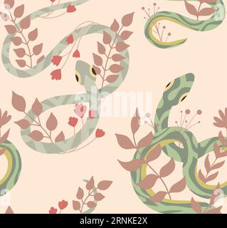 Vector seamless pattern with snakes and herbs. Animalistic texture with green serpents, stems and foliage on a beige background for wrapping paper Stock Vector