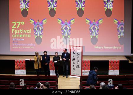 (170327) -- MILAN, March 27, 2017 -- Chinese writer Liu Zhenyun (2nd L) gives a speech before the screening of the Chinese movie I Am Not Madame Bovary , adapted from his literature work, during the 27th Festival of African, Asian and Latin American Cinema in Milan on Sunday. From March 17 to April 4, such events are held in the Netherlands, the Czech Republic, Austria, Italy, France and Germany, presenting Chinese stories and culture to European readers. ) (gj) ITALY-MILAN-LITERATURE-CINEMA-LIU ZHENYUN JinxYu PUBLICATIONxNOTxINxCHN   Milan March 27 2017 Chinese Writer Liu Zhenyun 2nd l Gives Stock Photo