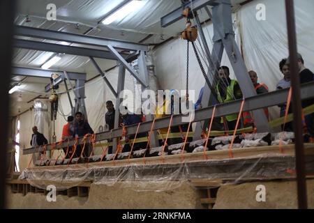 (170329) -- GIZA, March 29, 2017 -- Archeologists lift a 26-meters-long wooden part of the second solar boat of Pharaoh Khufu at the restoration laboratory located in Giza, Egypt on March 29, 2017. Egypt opened its largest on-site antiquities laboratory to restore Pharaoh Khufu s second solar boat. King Khufu was a famous fourth dynasty Pharaoh who built the great Khufu Pyramid. His solar boat was designed to ferry him to the afterlife according to ancient Egyptian beliefs. The second solar boat of King Khufu was detected in 1987 in a large pit to the west of the first solar boat. Both boats l Stock Photo