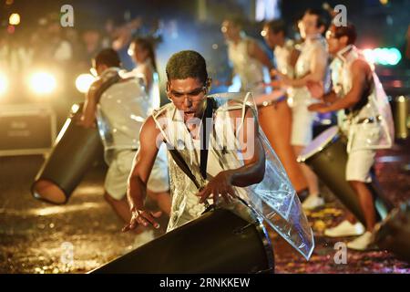 (170409) -- BANGKOK, April 9, 2017 -- Performers play drums during the Amazing Songkran Joyful Procession in Bangkok, Thailand, April 8, 2017. The celebration of Songkran kicked off on Saturday as the Amazing Songkran Joyful Procession took place in downtown Bangkok. The event, held by the Tourism Authority of Thailand, presented the audience with street performances and festive floats that offered a glimpse into the country s Songkran culture. Songkran festival, or the Thai New Year, lasts from April 13 to 15. ) (hy) THAILAND-BANGKOK-SONGKRAN FESTIVAL-CELEBRATION-PROCESSION LixMangmang PUBLIC Stock Photo