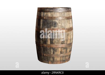 Natural Oak Wooden Barrel Old Aged Weathered isolated on white background for pirate ship scene decoration object Stock Photo