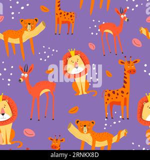 Animal seamless pattern, lion king and giraffe Stock Vector