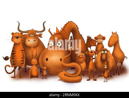 Animal symbols of the Chinese Zodiac. Group portrait of characters drawn in pencil on a white background. Signs of the Eastern horoscope. Stock Photo