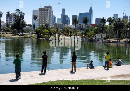 (170514) -- LOS ANGELES, May 14, 2017 -- Children participate in fish training during a youth fishing derby held by the Los Angeles Department of Recreation and Parks in the lake at MacArthur Park near downtown Los Angeles, the United States, on May 13, 2017. )(gj) U.S.-LOS ANGELES-FISHING ZhaoxHanrong PUBLICATIONxNOTxINxCHN   Los Angeles May 14 2017 Children participate in Fish Training during a Youth Fishing Derby Hero by The Los Angeles Department of Recreation and Parks in The Lake AT MacArthur Park Near Downtown Los Angeles The United States ON May 13 2017 GJ U S Los Angeles Fishing Zhaox Stock Photo