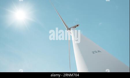 Wind turbine on sun light blue clear sky for clean energy eco power future sustainable electricity image concept Stock Photo