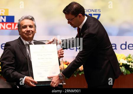 (170517) -- QUITO, May 17, 2017 -- Ecuador s President-elect Lenin Moreno (L) receives president credential from Juan Pablo Pozo, president of the National Electoral Council (CNE), in Quito, capital of Ecuador, on May 16, 2017. The CNE on Tuesday presented the credentials of the elected president and vice president to Lenin Moreno and Jorge Glas respectively. They are due to take office on May 24. ) (ma) (da) (zw) ECUADOR-QUITO-PRESIDENT-ELECT-CREDENTIAL ANDES PUBLICATIONxNOTxINxCHN   Quito May 17 2017 Ecuador S President elect Lenin Moreno l receives President credential from Juan Pablo Pozo Stock Photo