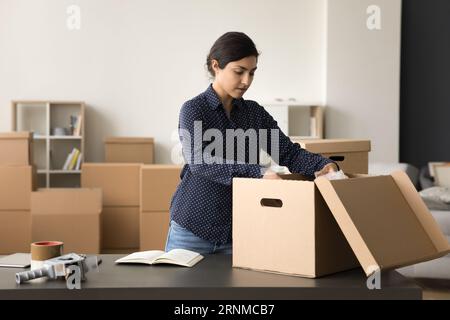 Pretty young Indian small business owner managing Internet shop Stock Photo