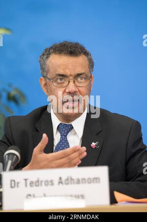 (170523) -- GENEVA, May 23, 2017 -- File photo taken on Jan. 26, 2017 shows Tedros Adhanom addressing the media in the headquarters of World Health Organization (WHO) in Geneva, Switzerland. Tedros Adhanom, 52-year-old former health minister and foreign minister of Ethiopia, was elected on Tuesday as new Director-General of the World Health Organization (WHO), UN s health agency. ) SWITZERLAND-GENEVA-WHO-NEW CHIEF XuxJinquan PUBLICATIONxNOTxINxCHN   Geneva May 23 2017 File Photo Taken ON Jan 26 2017 Shows Tedros Adhanom addressing The Media in The Headquarters of World Health Organization Who Stock Photo