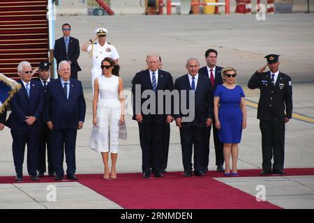(170523) -- TEL AVIV, May 23, 2017 -- U.S. President Donald Trump (5th R) and First Lady Melania Trump (6th R) attend a ceremony with Israeli Prime Minister Benjamin Netanyahu (4th R) and his wife Sara Netanyahu (2nd R) prior to the President s departure from Ben Gurion International Airport in Tel Aviv, Israel on May 23, 2017. ) ISRAEL-TEL AVIV-U.S.-PRESIDENT-TRUMP-DEPARTURE DanielxBar-OnxJINI PUBLICATIONxNOTxINxCHN   Tel Aviv May 23 2017 U S President Donald Trump 5th r and First Lady Melania Trump 6th r attend a Ceremony With Israeli Prime Ministers Benjamin Netanyahu 4th r and His wife Sar Stock Photo
