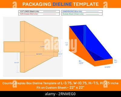 Cardboard Counter Display Box Die line Template for Food Retail L 3.75xW 10.75xH1 7.5xH2 1.5 inch Stock Vector