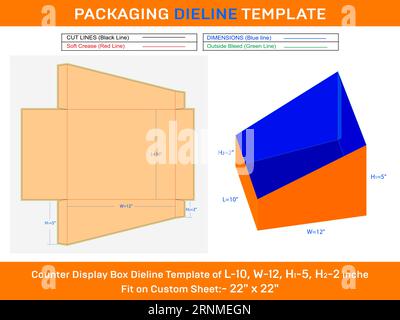 Counter display box die line template for cosmetics L 10xW 12xH1 5xH2 2 inch Stock Vector