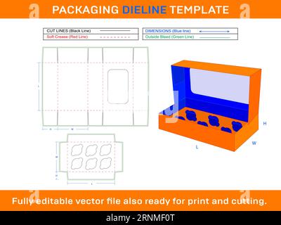 Cupcake Box Window Display 6 Holes Insert Die line Template Stock Vector