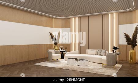 Waiting room office with empty bakdrop for branding mockup. 3D illustration render Stock Photo
