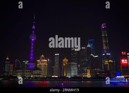 (170529) -- SHANGHAI, May 29, 2017 -- Colored lights illuminate the Oriental Pearl Tower to celebrate the graduation ceremony of China-U.S. university Shanghai New York University (NYU Shanghai) in Shanghai, east China, May 27, 2017. NYU Shanghai held its first graduation ceremony on May 28. NYU Shanghai was established in 2012 as China s first China-U.S.university operating as an independent legal entity. It is jointly run by New York University and East China Normal University. ) (ry) CHINA-NYU SHANGHAI-GRADUATION CEREMONY (CN) DuxXiaoyi PUBLICATIONxNOTxINxCHN   Shanghai May 29 2017 Colored Stock Photo
