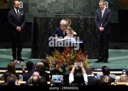 170601 -- NEW YORK, June 1, 2017 -- File photo taken on April 22, 2016 shows then United States Secretary of State John Kerry C signing Paris Agreement at the United Nations headquarters in New York. U.S. President Donald Trump announced U.S. withdrawal from Paris Agreement on climate change on June 1, 2017.  U.S.-PARIS AGREEMENT-WITHDRAWAL-FILE LixMuzi PUBLICATIONxNOTxINxCHN Stock Photo