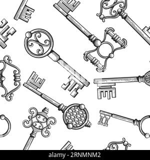 Vintage keys seamless pattern. Engraved victorian drawing Stock Vector