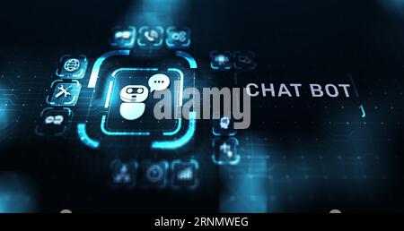 Chatbot computer program designed for conversation with human users over the Internet. Support and customer service automation technology concept. Stock Photo