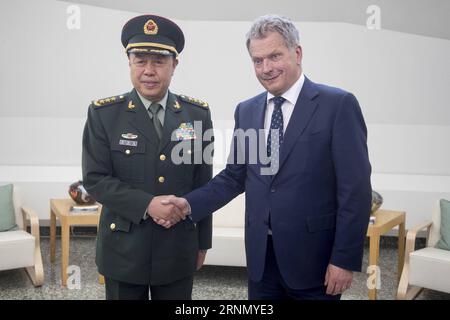 (170616) -- HELSINKI, June 16, 2017 -- Finnish President Sauli Niinisto (R) shakes hands with Fan Changlong, vice chairman of the Central Military Commission (CMC) of China, during their meeting in Helsinki, Finland, on June 16, 2017. ) FINLAND-HELSINKI-CHINA-FAN CHANGLONG-VISIT MattixMatikainen PUBLICATIONxNOTxINxCHN   170616 Helsinki June 16 2017 Finnish President Sauli Niinisto r Shakes Hands With supporter Chang Long Vice Chairman of The Central Military Commission CMC of China during their Meeting in Helsinki Finland ON June 16 2017 Finland Helsinki China supporter Chang Long Visit  PUBLI Stock Photo