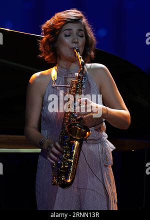 Monte Carlo, Monaco. 31st Aug, 2023. Saxophonist Asya Fateyeva performs during the UEFA European Club Football Season Kick Off - Monaco. Picture date: 31st August 2023. Picture credit should read: Jonathan Moscrop/Sportimage Credit: Sportimage Ltd/Alamy Live News Stock Photo