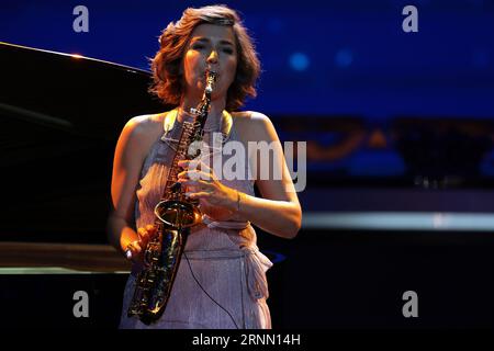 Monte Carlo, Monaco. 31st Aug, 2023. Saxophonist Asya Fateyeva performs during the UEFA European Club Football Season Kick Off - Monaco. Picture date: 31st August 2023. Picture credit should read: Jonathan Moscrop/Sportimage Credit: Sportimage Ltd/Alamy Live News Stock Photo