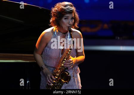 Monte Carlo, Monaco. 31st Aug, 2023. Saxophonist Asya Fateyeva performs during the UEFA European Club Football Season Kick Off - Monaco. Picture date: 31st August 2023. Picture credit should read: Jonathan Moscrop/Sportimage Credit: Sportimage Ltd/Alamy Live News Stock Photo