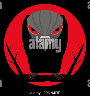 Black raven with scary bloody eyes and sharp claws on night background and of a large red moon. Dark silhouette with evil look. Halloween background. Stock Vector