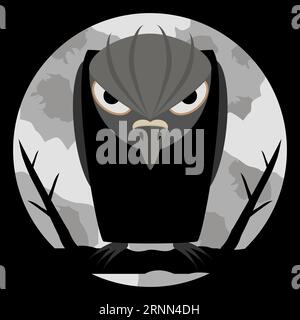 Black raven with scary eyes and sharp claws on night background and of a large pale moon. Dark silhouette with evil look. Halloween background. Stock Vector