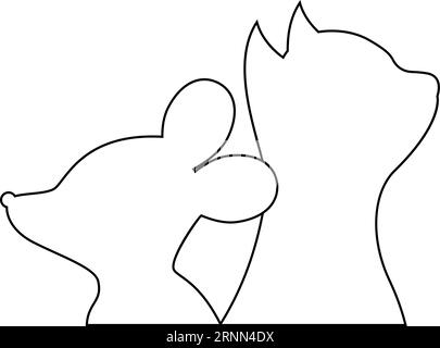Mouse and cat together. Vector in line and outline style. Stock Vector