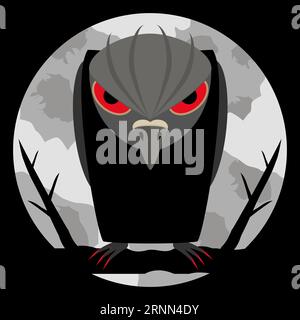 Raven with scary bloody eyes and sharp claws on night background and of a large pale moon. Dark silhouette with evil look. Halloween background. Stock Vector